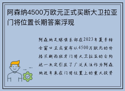 阿森纳4500万欧元正式买断大卫拉亚门将位置长期答案浮现