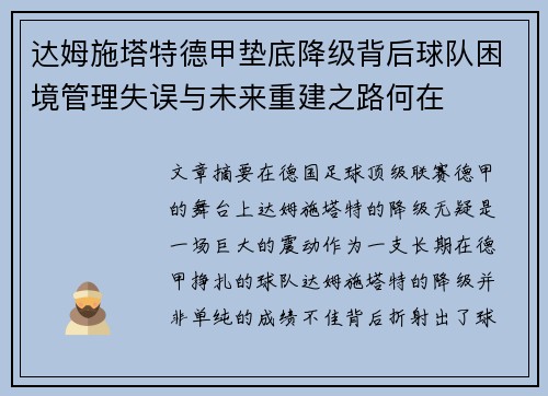 达姆施塔特德甲垫底降级背后球队困境管理失误与未来重建之路何在 达姆施塔特德甲垫底降级背后球队困境管理失误与未来重建之路何在